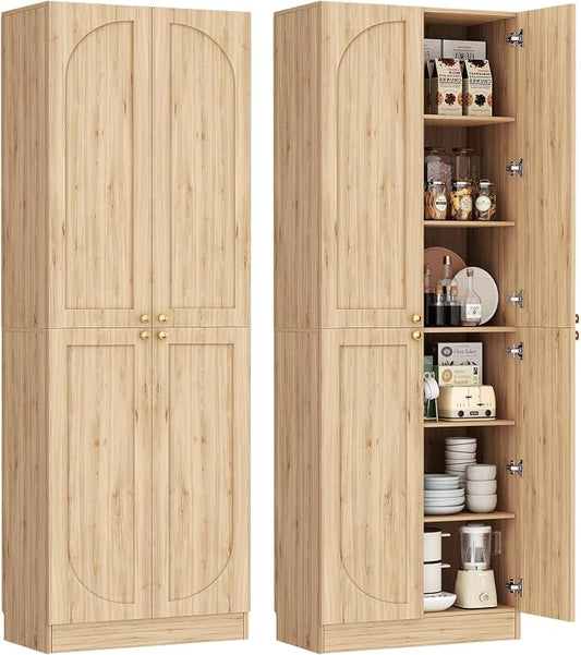 Cyclysio 80" Kitchen Pantry, Extra Tall Arch Storage Cabinet with 4 Soft Close Doors and Adjustable Shelves, Freestanding Wood Cupboard with Seamless Fit Wall for Dining Living Room Bathroom Furniture