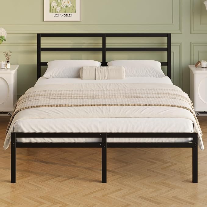 Lutown-Teen California King Bed Frame with Headboard and Footboard, 12 Inch Classic Metal Platform Bed Frame, Under Bed Storage, No Box Spring Needed, Easy Assembly, Noise Free, Black