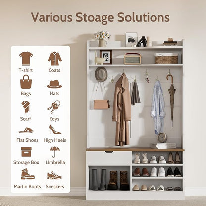 Hall Tree with Bench and Shoe Storage, White | 5-in-1 Entryway Hall Tree with Coat Rack, Hidden Drawer, 7 Coat Hooks, 3-Tier Shoe Storage for Hallway and Mudroom