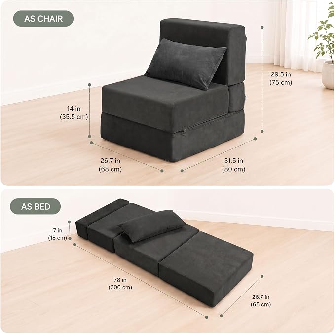 Folding Sofa Bed, Convertible Sleeper Chair with Pillow, Foldable Mattress & Back Support, Portable Floor Lounger Futon for Apartment, Dorm, Living Room, Bedroom, Grey (Black)