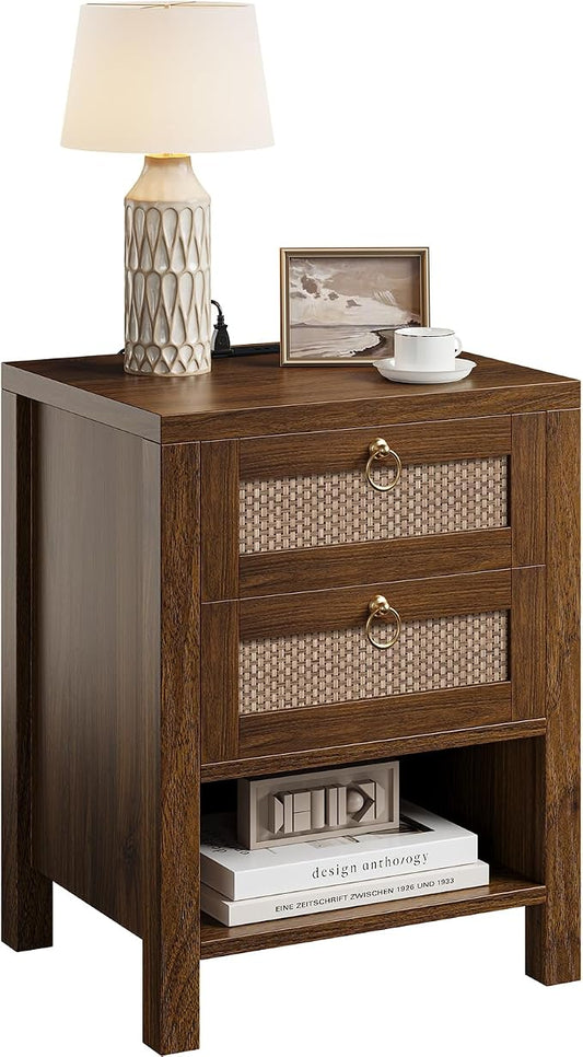 Rattan Night Stand with Drawers - Boho Nightstand with Charging Station, Bedside Table with Storage Shelf, Accent Side Table End Tables Living Room, Wood Nightstands for Bedroom, Walnut