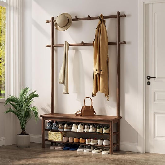 AQIMUELE Coat Rack with Shoe Storage, Wooden Hall Tree with Bench, 11 Hooks and 2-Tier Storage Shelves, 3-in-1, Entryway Bench with Coat Rack (39.3"-Walnut)