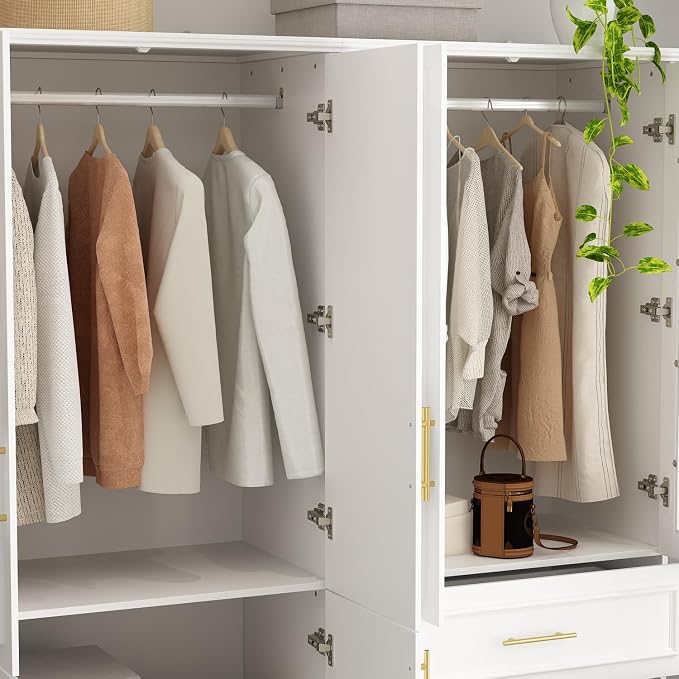 WOODTIME Wardrobe Closet with 2 Hanging Rods, 6 Framed Doors & 3 Drawers, Modern Wooden Armoire with Glass Doors & 4 Shelves, Clothes Storage Cabinet Organizer for Bedroom Apartment, White