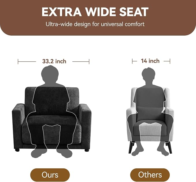 44.2" Chenille Oversized Chair with Movable Ottoman, Modular 1 Seat Couch with Thickened Cushions, Modern Single Sofa Chaise Lounge Reading Chair for Living Room, Small Apartment, Black