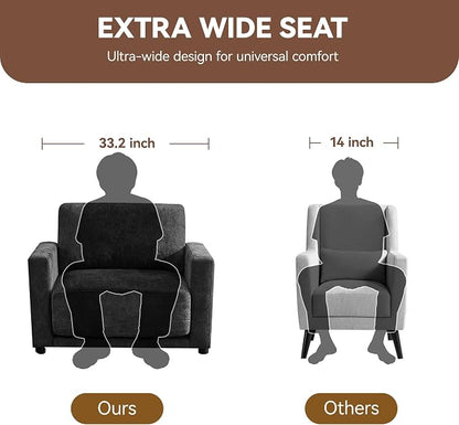 44.2" Chenille Oversized Chair with Movable Ottoman, Modular 1 Seat Couch with Thickened Cushions, Modern Single Sofa Chaise Lounge Reading Chair for Living Room, Small Apartment, Black