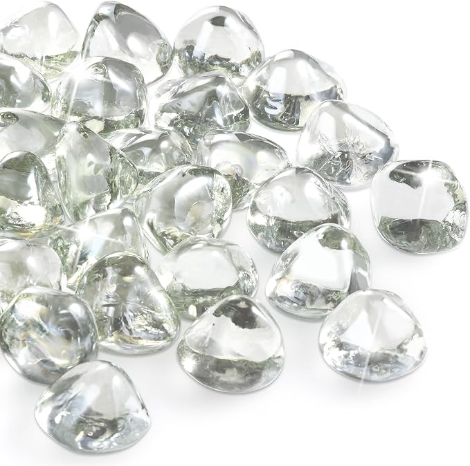 20 Pounds Fire Pit Glass Rocks, Clear Fire Glass Beads for Propane Firepit, Fireplace and Outdoor Decoration, 1 Inch, Diamond - Shaped