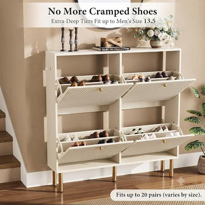Nicetree White Shoe Cabinet for Entryway, 4 Flip Drawers Shoe Storage Cabinet with Tiered Fluted Design, Slim Narrow Shoe Rack for Small Spaces, 9.5" Deep Shoe Organizer with Metal Legs