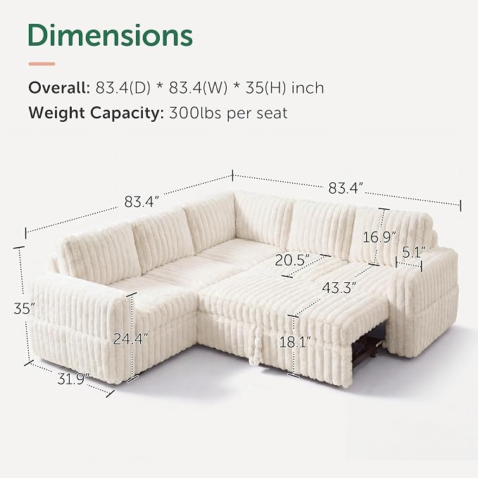 HONBAY Plush Corduroy Modular Sectional Sofa with Pull Out Bed, Convertible L Shaped Couch with Storage,Sleeper Sectional Couches for Living Room,Plush Beige