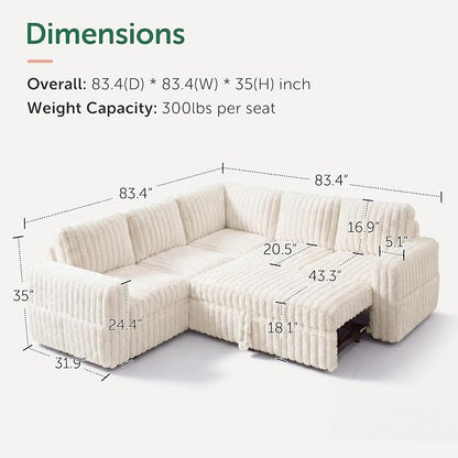 HONBAY Plush Corduroy Modular Sectional Sofa with Pull Out Bed, Convertible L Shaped Couch with Storage,Sleeper Sectional Couches for Living Room,Plush Beige