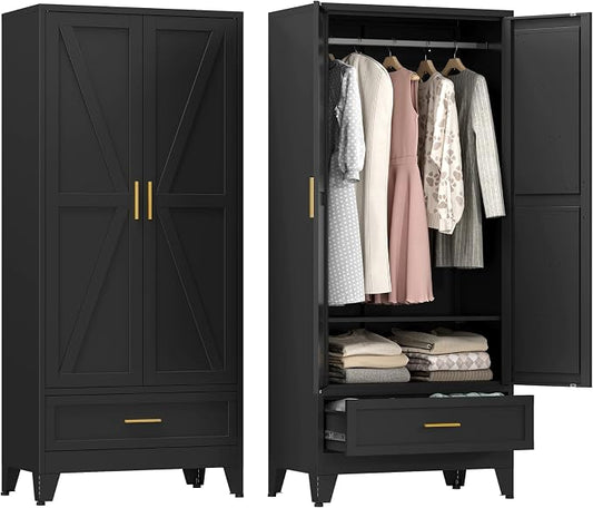 YAUWOH Farmhouse Wardrobe Cabinet with Drawers,Metal Wardrobe Closet with Hanging Rod,Metal Armoire with Adjustable Shelves for Bedroom, Cloak Room,Office （Black