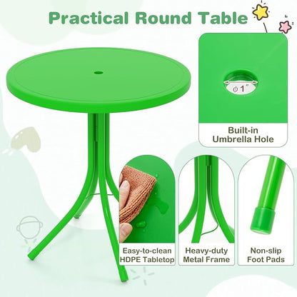 Costzon Kids Picnic Table, Kids Outdoor Table with 2 Folding Chairs, Height Adjustable Umbrella, Portable Children Outdoor Furniture for Patio, Garden, Backyard (Green)