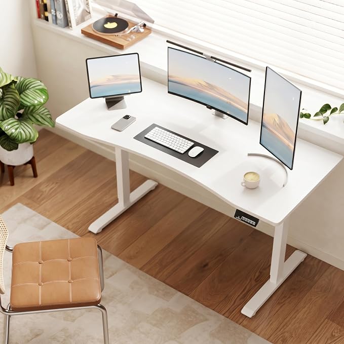 Solid Wood Electric Standing Desk 55"x23.6"Home Office Desk,Adjustable Workbench with 3 Stages Single Motor, Computer Workstation with T-Shaped Metal Bracket,White Standing Desk for Gaming(1 Box)