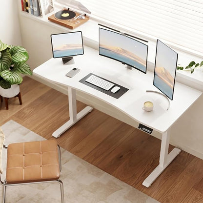 Solid Wood Electric Standing Desk 55"x23.6"Home Office Desk,Adjustable Workbench with 3 Stages Single Motor, Computer Workstation with T-Shaped Metal Bracket,White Standing Desk for Gaming(1 Box)