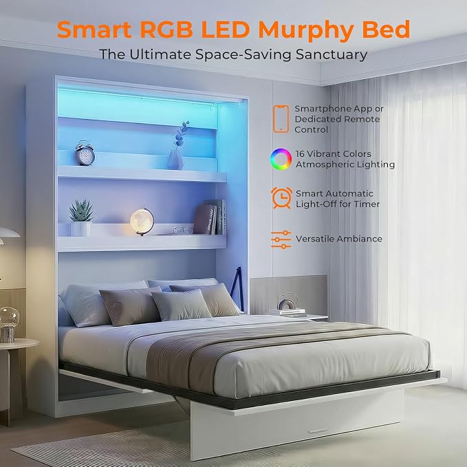 CECER Queen Vertical Murphy Wall Bed，Space Saving for Offices/Guest-White | Durable Gas-Lift for smooth folding，16 Color Controllable LED Lights，Sturdy frame ＆ Easy Assemble，High Gloss Panel