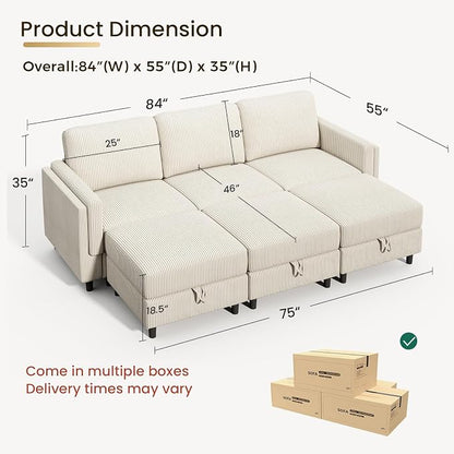 KKL 6 Seaters Sofa Bed for Living Room - Sofa Couch with Storage Ottoman, Convertible L/U-Shaped Sleeper Couch for Living Room, Modern Reversible Design, Beige