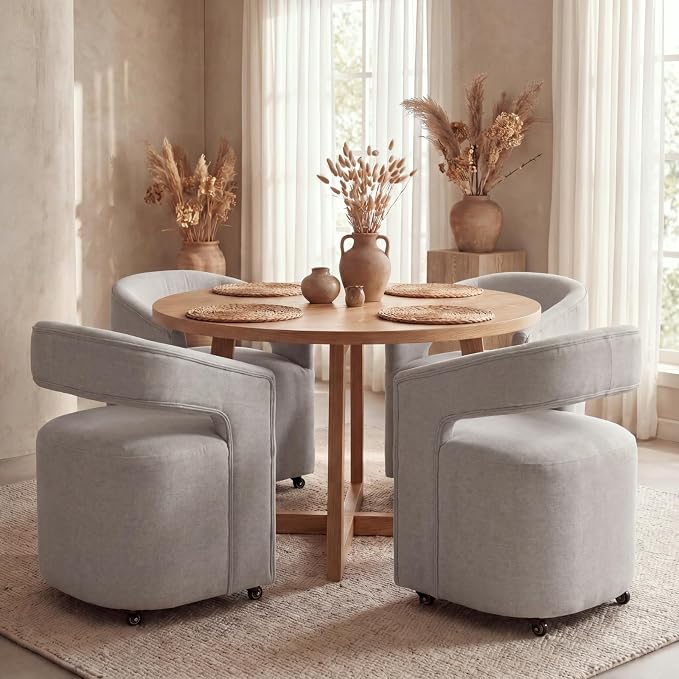 HNY 360° Swivel Upholstered Dining Chairs with Wheels Set of 2 – Soft Linen Fabric, Barrel Back Design, Rolling Kitchen Seating for Living Room, Makeup Vanity, Reception, Light Grey