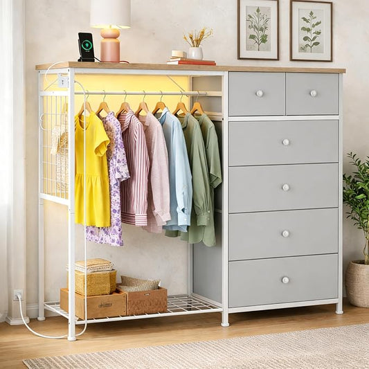 Simple Deluxe Storage Clothes Rack with 6 Drawers, Charging Station & LED Lights, Fabric Chest Shelves Clothing Rack, Wooden Portable Wardrobe Closet, 49.2" W x 15.7" D x 47.2" H, Silver