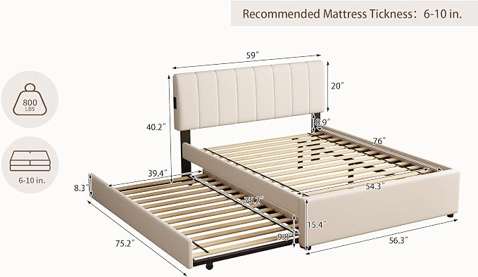 Full Size Upholstered Platform Bed with Pull-Out Trundle Bed | Twin Size Trundle, LED Lighting Controlled by APP, USB+Type-C Charging Ports, Chenille Upholstered Bed Frame,Beige