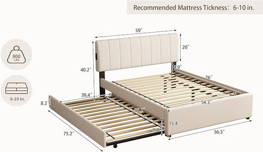 Full Size Upholstered Platform Bed with Pull-Out Trundle Bed | Twin Size Trundle, LED Lighting Controlled by APP, USB+Type-C Charging Ports, Chenille Upholstered Bed Frame,Beige