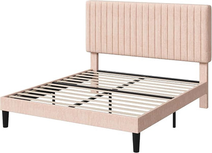 Allewie Full Bed Frame, Upholstered Platform Bed with Adjustable Vertical Channel Tufted Headboard, Mattress Foundation with Strong Wooden Slats, Box Spring Optional, Easy Assembly, Chenille Pink