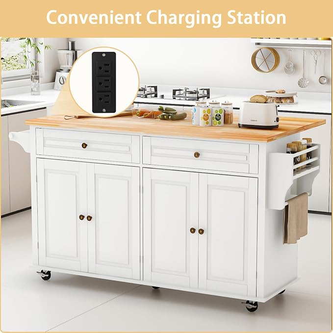 JassmiPkwy 67’’ Movable Kitchen Island with Drop Leaf and Power Outlet, Lockable Sliding Countertop Rolling Island Cart with 2 Large Drawers, Spice, Towel Rack,White