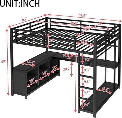 Bellemave Queen Size loft Bed with L Desk and Wardrobe, Metal Queen Size Loft Bed Frame for Adults, Kids, Teens, Black