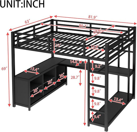 Bellemave Queen Size loft Bed with L Desk and Wardrobe, Metal Queen Size Loft Bed Frame for Adults, Kids, Teens, Black