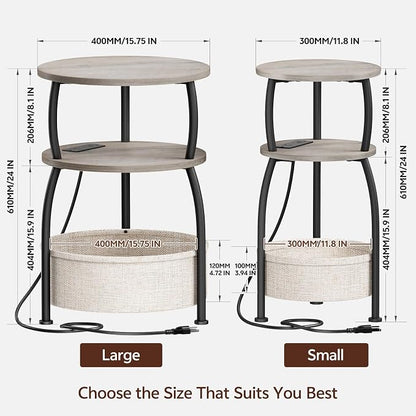 Round Side Table with Charging Station, USB Type C Port, Greige | End Table with Power Outlet and Basket, Space Saving, 3-Tier Nightstand, Corner Stand, for Living Room, Bedroom, Patio