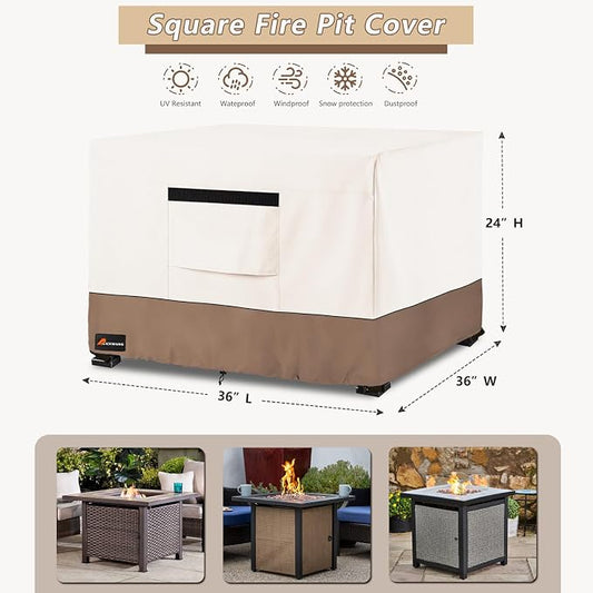 Fire Pit Cover Square, Outdoor Heavy Duty Durable 600D 100% Waterproof Tear-Resistant 34-36 Inch Fire Pit Cover, Patio Fire Pit Table Covers, Beige 36" L x 36" W x 24" H