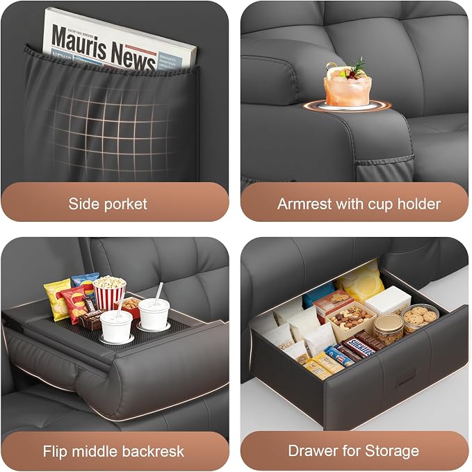 Reclining Couch, 113" PU Leather Sofa Recliner with Massage - 4 Seat Home Theater Seating Comfy Soft, Manual Wall Hugger Reclining with Lumbar Support Sofa Set for Family Living Room, Dark Gray