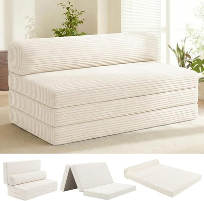 Convertible Sofa Bed, Boneless Loveseat with Removable Cushions & Washable Corduroy Cover, Futon Sofa Bed with Handle, Pull Out Couch for Small Spaces, Full Size, Beige