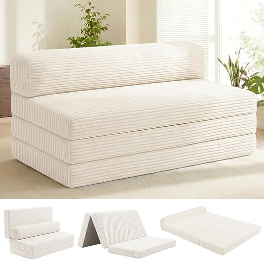 Convertible Sofa Bed, Boneless Loveseat with Removable Cushions & Washable Corduroy Cover, Futon Sofa Bed with Handle, Pull Out Couch for Small Spaces, Full Size, Beige