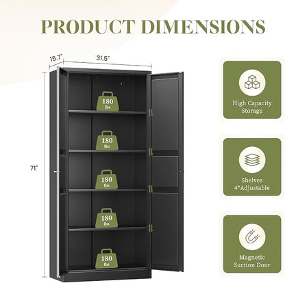 RAVIGIN Metal Storage Cabinet,71" H Pantry Cabinet with 2 Doors and 5 Adjustable Shelves,6 Tier Tall Kitchen Storage Cabinets for Kitchen,Pantry,Living/Study/Laundry Room(Black)