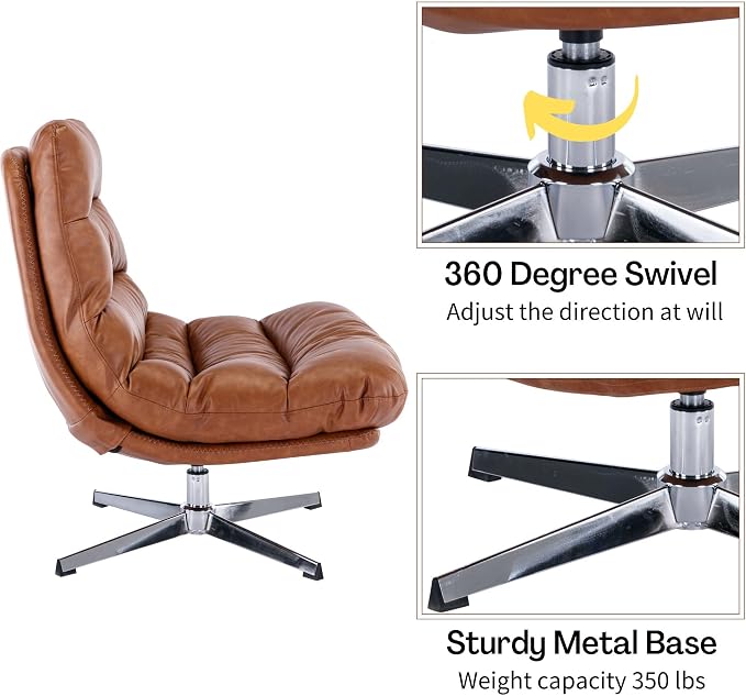 BESTANO Swivel Accent Chair with Ottoman, Mid Century Modern Faux Leather Lounge Chair with footrest, Comfy Oversized Armchair with 360 Degree Metal Base for Living Room Bedroom, Brown