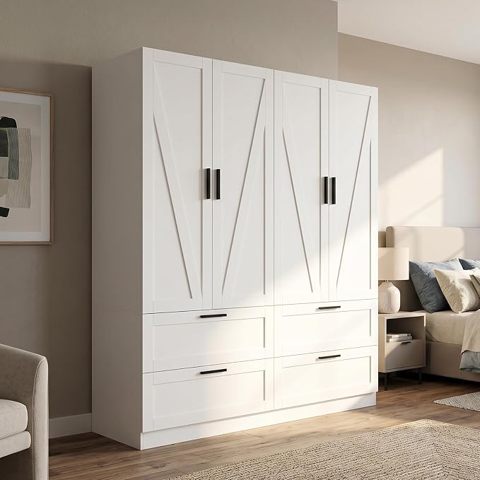 WOODTIME 70.9" Tall Armoire Wardrobe Closet with 4 Drawers, 4 Doors & Hanging Rods, 59.8" W Farmhouse Wooden Wardrobe Clothes Storage Cabinet for Bedroom Apartment, White