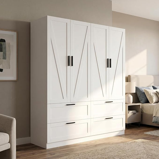WOODTIME 70.9" Tall Armoire Wardrobe Closet with 4 Drawers, 4 Doors & Hanging Rods, 59.8" W Farmhouse Wooden Wardrobe Clothes Storage Cabinet for Bedroom Apartment, White