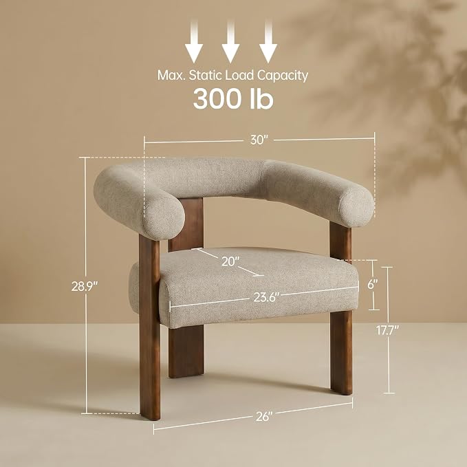 VKNOW Accent Chair, Vanity Chair with Armrests and Walnut Legs, Brown | Mohair-type Fabric, Barrel Back, Armrests, For Adults and Family, Living Room, Bedroom, Vanity, No Wobble, Easy Assembly