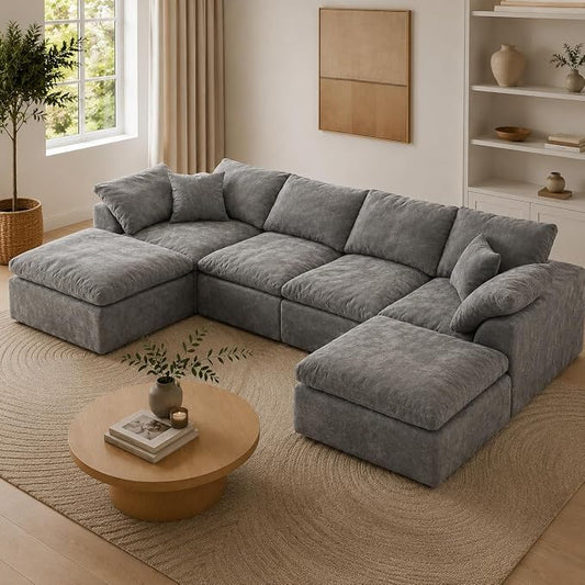 138" Boneless Cloud Couch Sectional for Living Room, Oversized Modular U Shaped Sofa with Double Chaise, Deep Seat Chenille Sectional Couch for Cloud-Like Comfort(Ash Grey)