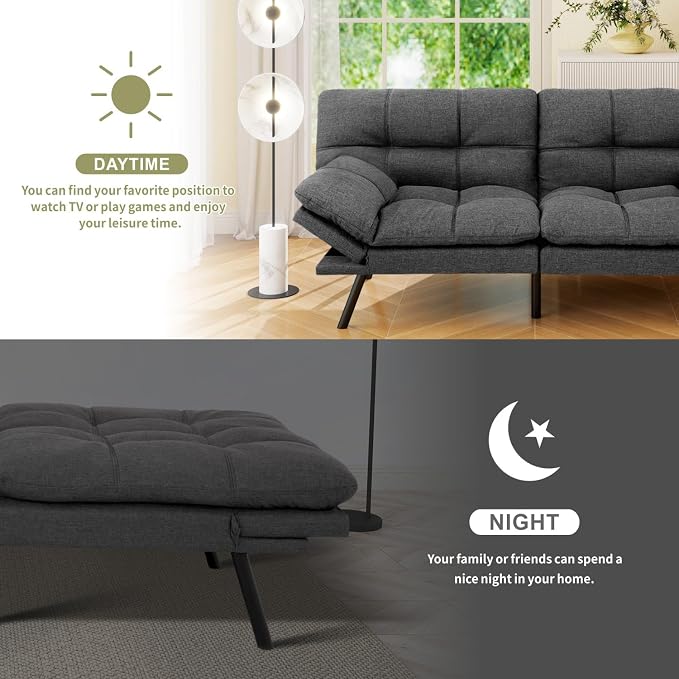 Vipbear 71" Futon Sofa Bed - Convertible Sofa Beds/Adjustable Backrest & Armrest, Comfy Loveseat Sleeper for Small Spaces, Apartments & Offices,Linen Fabric Grey Futons