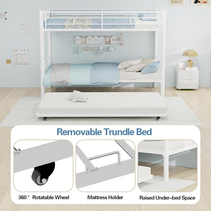 Metal Bunk Bed with Trundle, Space-Saving Bunk Bed Twin Over Twin with Ladders and Safety Guardrail, Heavy Duty Twin Bed Frames, No Box Spring Needed and Noise Free(White)