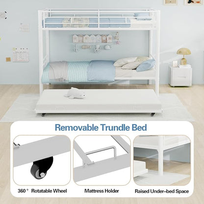 Metal Bunk Bed with Trundle, Space-Saving Bunk Bed Twin Over Twin with Ladders and Safety Guardrail, Heavy Duty Twin Bed Frames, No Box Spring Needed and Noise Free(White)