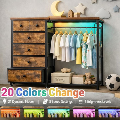 Simple Deluxe Storage Clothes Rack with 6 Drawers, Charging Station & LED Lights, Fabric Chest Shelves Clothing Rack, Wooden Portable Wardrobe Closet, 49.2" W x 15.7" D x 47.2" H, Brown