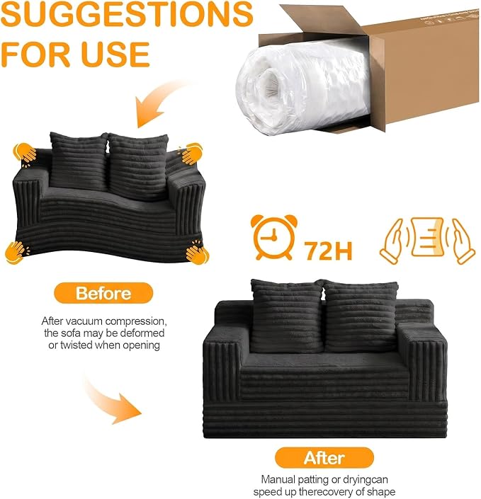 Erament Boneless Loveseat Convertible Sofa Bed, Folding Floor Futon Sleeper Sofa Couch Bed- Boneless Foldable Couch, Furry Pull Out Sofa Bed with 2 Pillows for Living Room & Bedroom