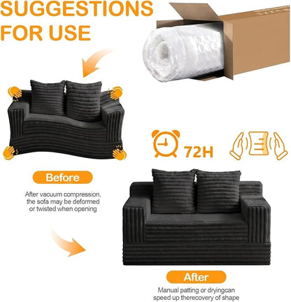 Erament Boneless Loveseat Convertible Sofa Bed, Folding Floor Futon Sleeper Sofa Couch Bed- Boneless Foldable Couch, Furry Pull Out Sofa Bed with 2 Pillows for Living Room & Bedroom