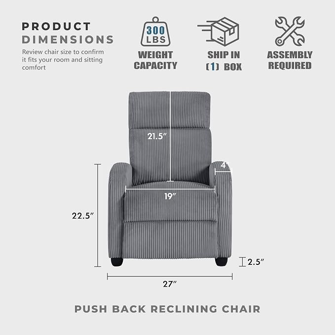 Lexicon Corduroy Pushback Recliner Chair Armchair Push Back Recliner, Solid Wood Frame and Metal Base, Easy Assembly Small Soft Single Sofa Accent Chair for Living Room/Office/Apartment, Dark Grey