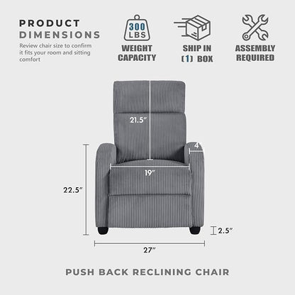 Lexicon Corduroy Pushback Recliner Chair Armchair Push Back Recliner, Solid Wood Frame and Metal Base, Easy Assembly Small Soft Single Sofa Accent Chair for Living Room/Office/Apartment, Dark Grey