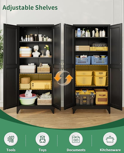 75" Tall Black Metal Storage Cabinet with 2 Doors and 4 Adjustable Shelves, Heavy Duty Steel Pantry Cabinet for Garage, Home Office, Kitchen and Laundry Room, Freestanding Utility Cupboard