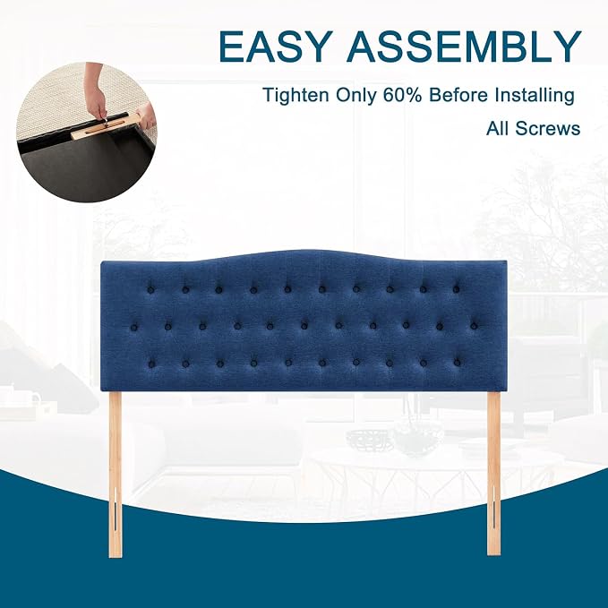Tufted Headboard Queen Size, Solid Wood Adjustable Height Head Board, Blue | Upholstered Queen Headboard Only with Durable Solid Wood Legs, Adjustable Height 37-51 in, Fabric Button Diamond HeadBoards