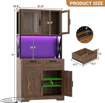 Unikito 71" Pantry Cabinet with LED Light & Outlet, Tall Kitchen Pantry Storage Cabinet with Microwave Stand, DIY Pegboard, Drawers and Adjustable shelf, Kitchen Hutch for Dining Room, Weathered Brown