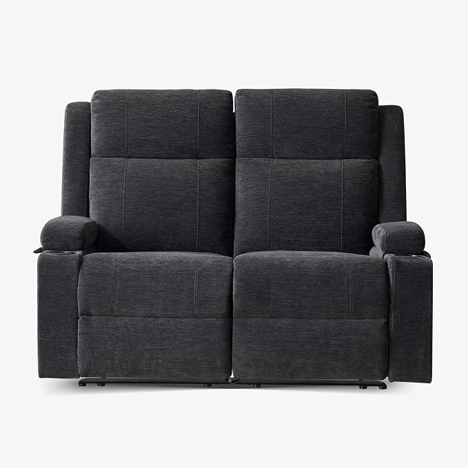 55" RV Loveseat Recliner – Space-Saving Double Reclining RV Sofa, Compact Theater Seating with Cup Holders & Storage Pocket, Black Chenille Couch for Camper, Motorhome & Home Theater